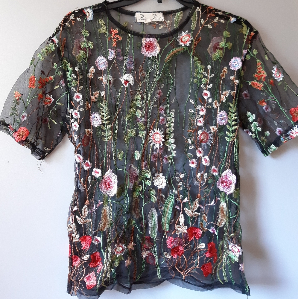 Floral Embroidered Mesh Shirt